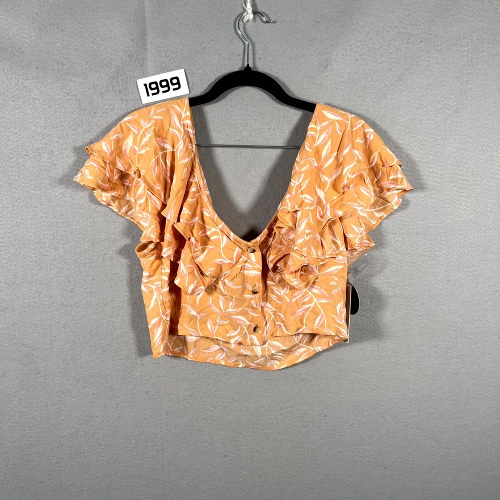 Amuse Society Find Your Light Woven Top Women Medium Orange Beige Flutter Sleeve